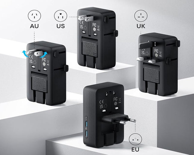 ANKER Nano 20W putni zidni punjač 5-portova (2x USB-A, 2x USB-C, utičnica EU na US, UK, AU i EU), crna