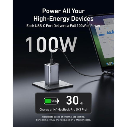 ANKER Prime 100W GaN zidni brzi punjač, 3-porta (2x USB-C i 1x USB-A) srebrni crna
