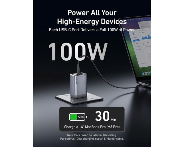 ANKER Prime 100W GaN zidni brzi punjač, 3-porta (2x USB-C i 1x USB-A) srebrni crna