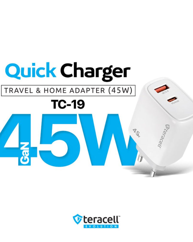 Kucni punjac Teracell Evolution TC-19, GAN, QC, PD Fast charging 45W beli CE