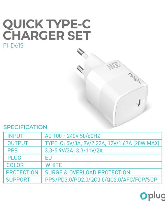 Kucni punjac Pluginn PI-D61S, PD3.0, PPS, 20W beli CE