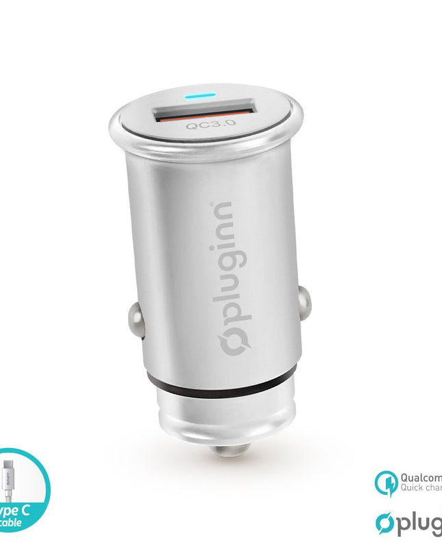 Auto punjac Pluginn PI-20 QC 3.0, 3A, 18W, sa Type C kablom srebrni