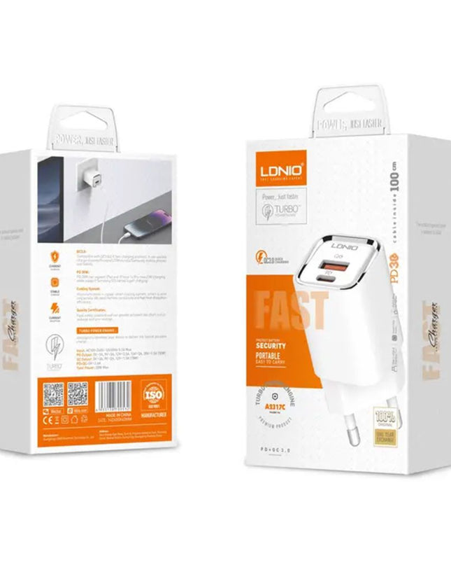 Kucni punjac LDNIO A2317C, 3.6A, QC3.0 18W, PD 30W sa Type C na Iphone lightning kablom beli