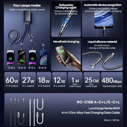 Data kabl REMAX RCC-168 Lyncharge Series 60w 4-in-1 Zinc Alloy crni