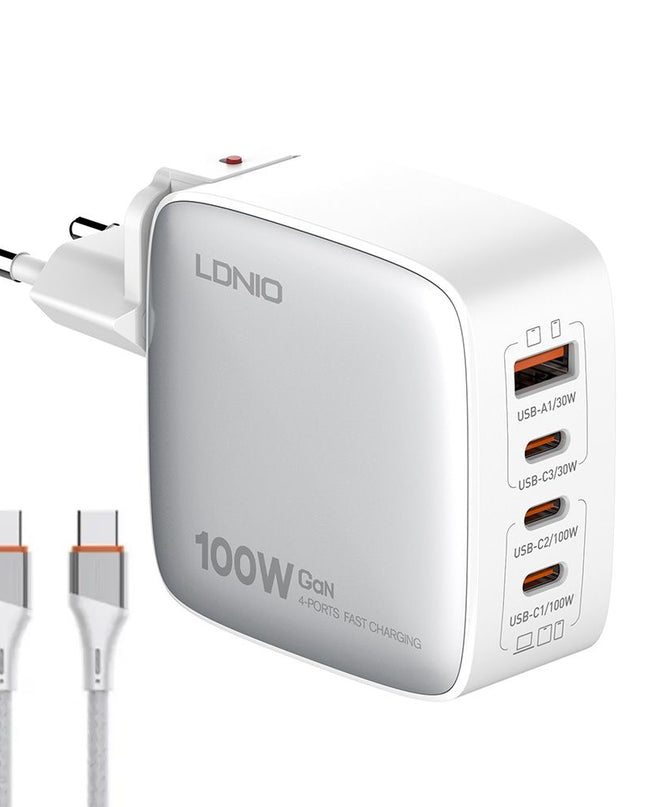 Kucni punjac sa adapterima LDNIO Q408 GaN PPS QC3.0 (30W), 3xPD3.0 (100W), 100W Max, sa Type C na Type C kablom beli