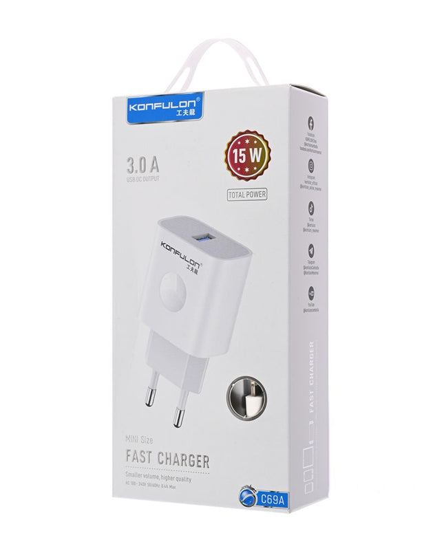 Kucni punjac KONFULON C69A+DC05 QC 15W, USB na iPhone lightning beli 1m