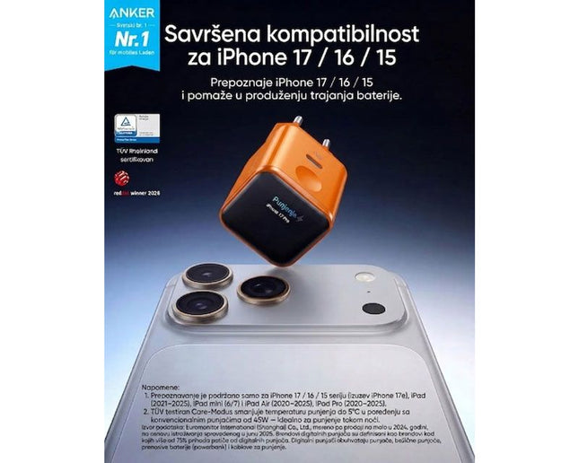 ANKER Nano 45W putni zidni punjač sa ekranom, USB-C port,