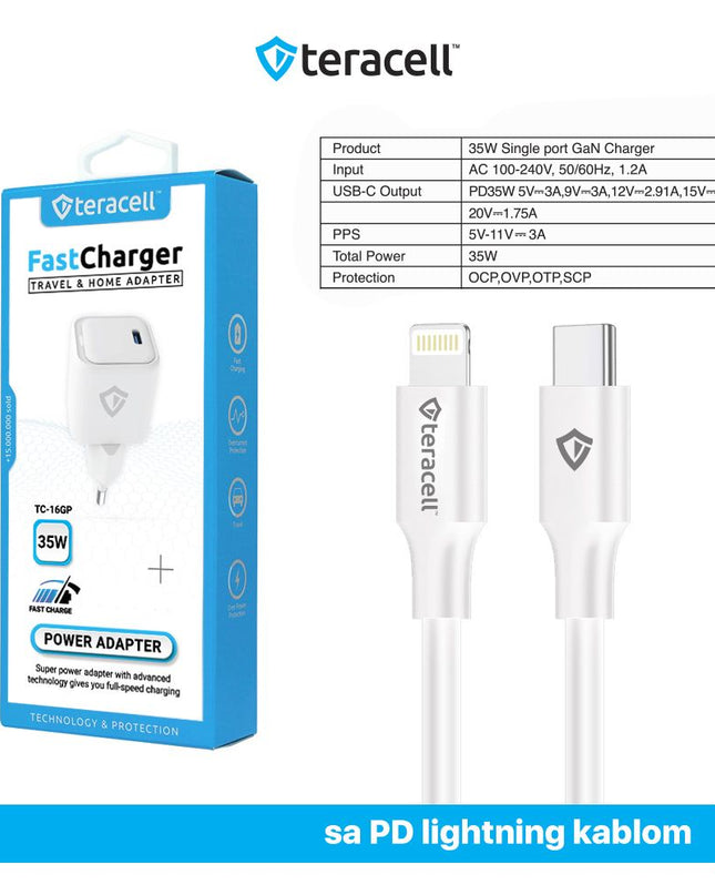 Kucni punjac Teracell Evolution TC-16GP, GaN, PD 3.0, 35W sa PD iPhone lightning kablom beli CE