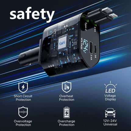 Auto punjac C1 4u1 PD 3A, USB 2.4A 120W (total) sa Type C/lightning kablom tamno sivi