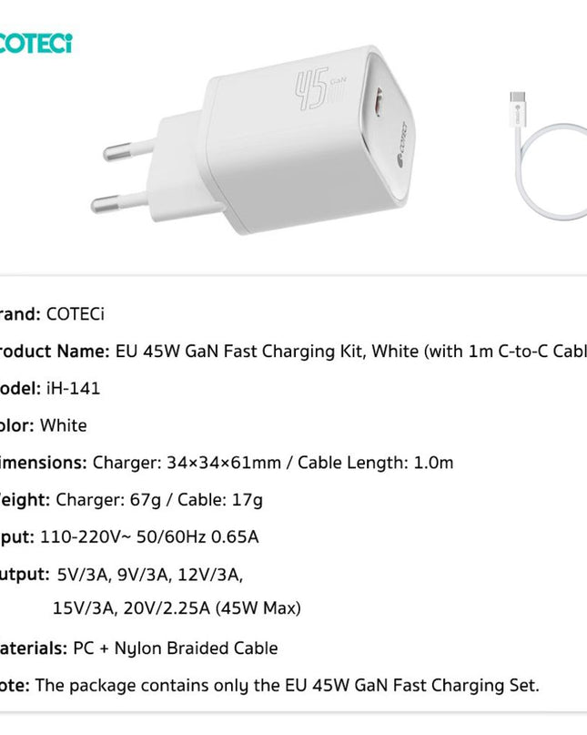 Kucni punjac Coteci iH-141 45W GaN sa PD na Type C kablom beli