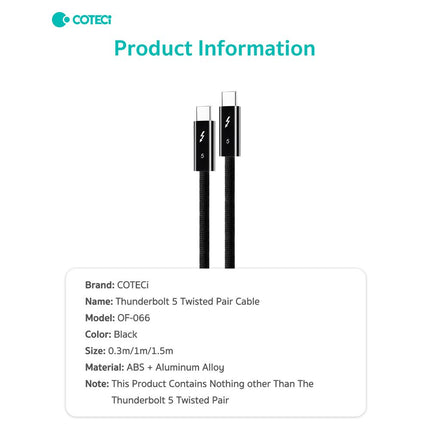 Data kabl Coteci Thunderbolt OF-066 120Gbps 240W 4k PD Type C na Type C crni 0.3m
