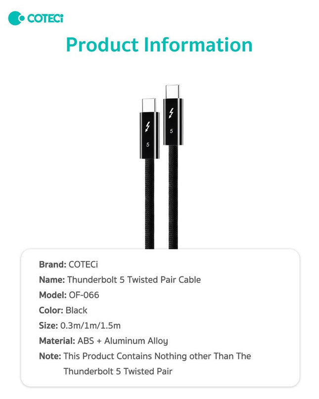 Data kabl Coteci Thunderbolt OF-066 120Gbps 240W 4k PD Type C na Type C crni 0.3m