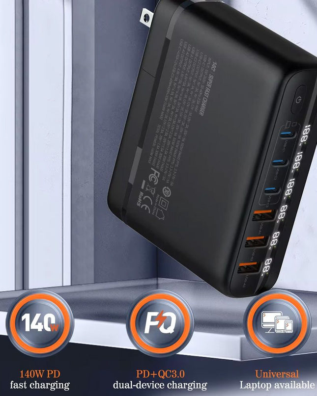 Kucni punjac sa adapterima LDNIO A6140C GaN PPS 3xQC3.0 (30W), 3xPD3.0 (100W), 140W Max, a Type C na Type C kablom crni