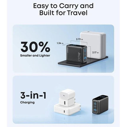 ANKER 100W GaN zidni brzi punjač, 3-porta (2x USB-C i 1x USB-A) sa USB-C M/M pletenim kablom, siva