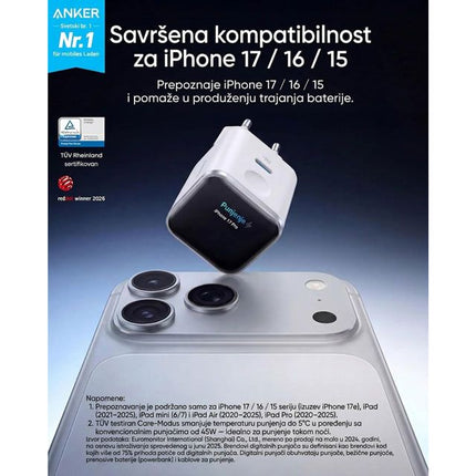 ANKER Nano 45W putni zidni punjač sa ekranom, USB-C port, bela