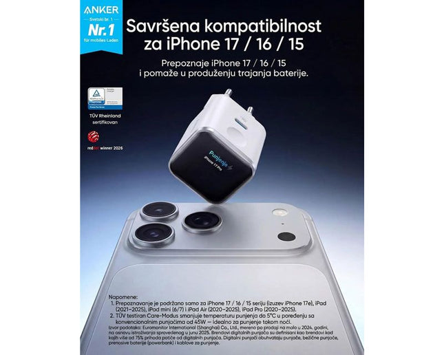 ANKER Nano 45W putni zidni punjač sa ekranom, USB-C port, bela