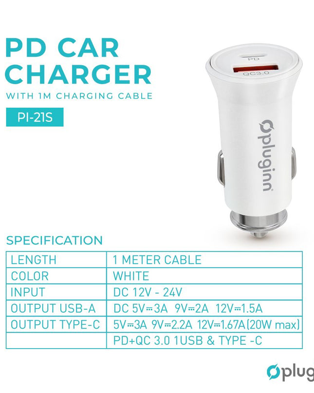 Auto punjac Pluginn PI-21S, PD 20W, QC 3.0 18W, sa PD lightning kablom beli