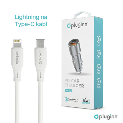 Auto punjac Pluginn PI-40, PD 20W, QC 3.0 18W, sa lightning kablom sivi