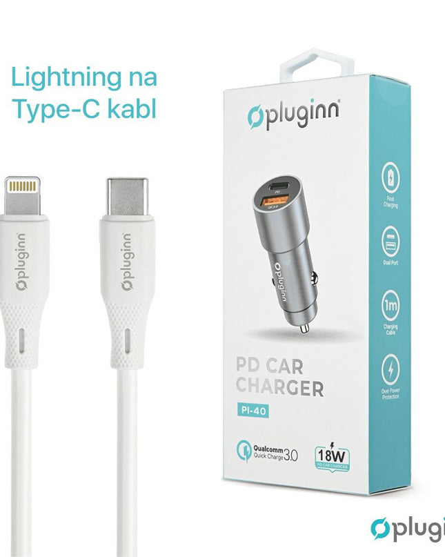 Auto punjac Pluginn PI-40, PD 20W, QC 3.0 18W, sa lightning kablom sivi