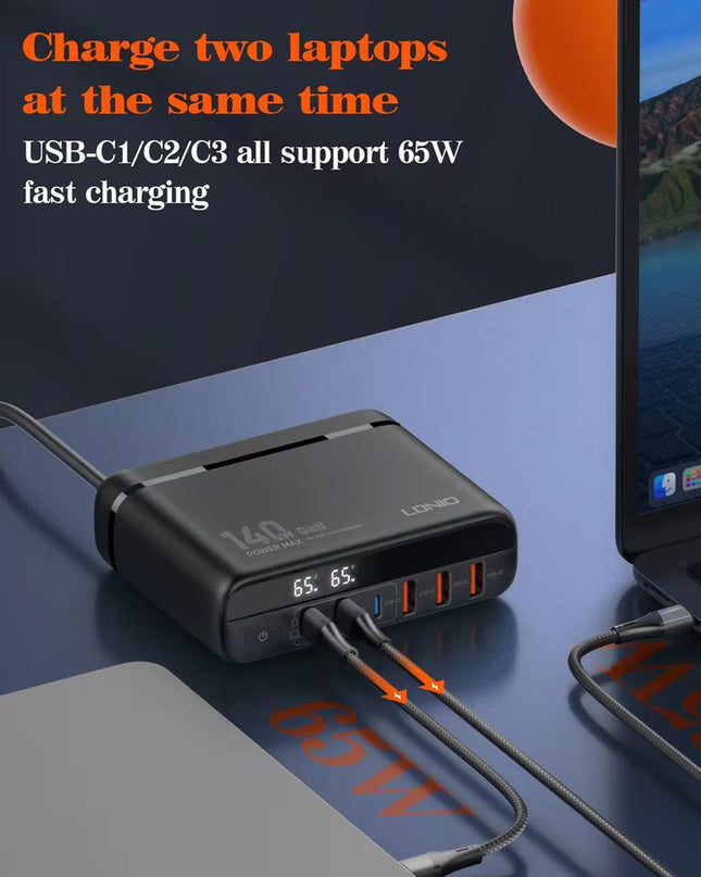Kucni punjac sa adapterima LDNIO A6140C GaN PPS 3xQC3.0 (30W), 3xPD3.0 (100W), 140W Max, a Type C na Type C kablom crni