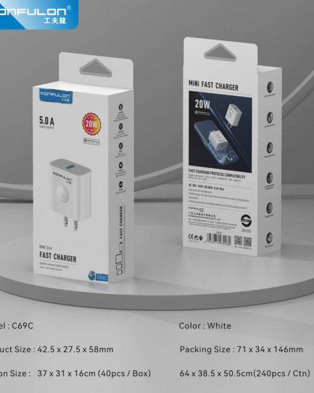 Kucni punjac KONFULON C69C+DL47 QC 18W, sa micro USB kablom beli 1m