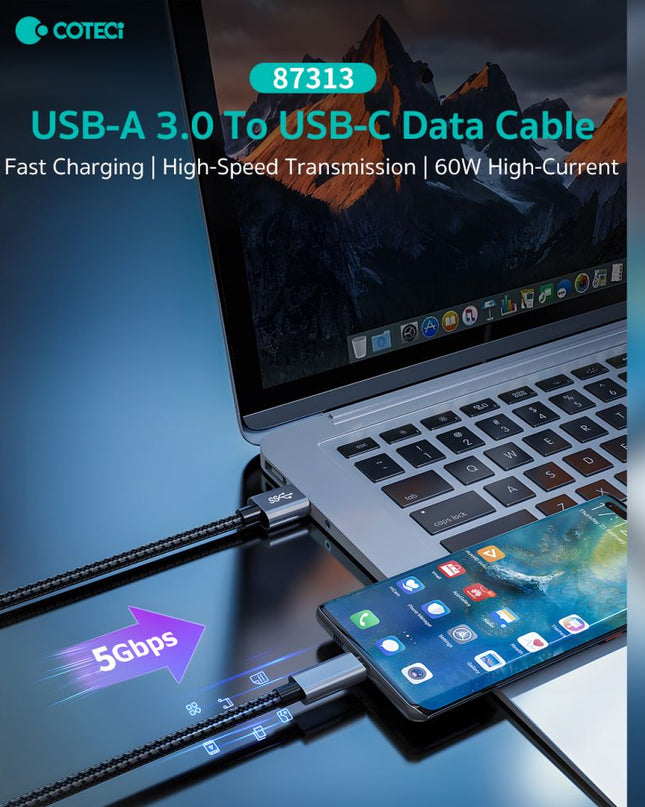 Data kabl Coteci 87313 60W 10 Gbps USB 3.0 na Type C crni 1m