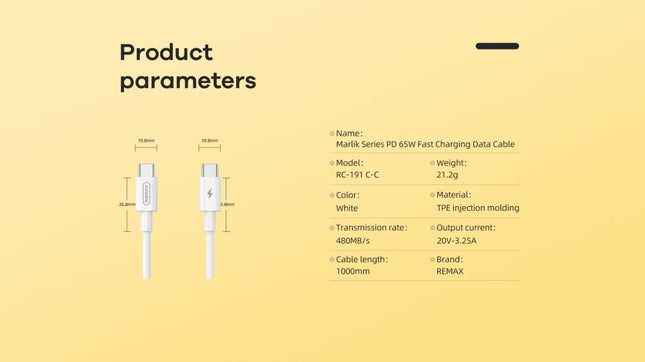Data kabl REMAX RC-191 Fast Charging PD 65W Type C na Type C beli