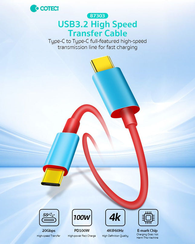 Data kabl Coteci Thunderbolt 87303 100W 4K 20Gbps PD na Type C crveni 2m