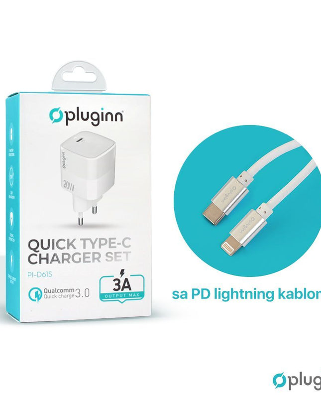Kucni punjac Pluginn PI-D61S, PD3.0, PPS, 20W sa PD iPhone lightning kablom CE bela