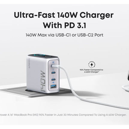 ANKER 140W GaN zidni brzi punjač, 4-porta (3x USB-C i 1x USB-A) sa USB-C M/M pletenim kablom, srebrna