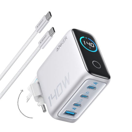 ANKER 140W GaN zidni brzi punjač, 4-porta (3x USB-C i 1x USB-A) sa USB-C M/M pletenim kablom, srebrna