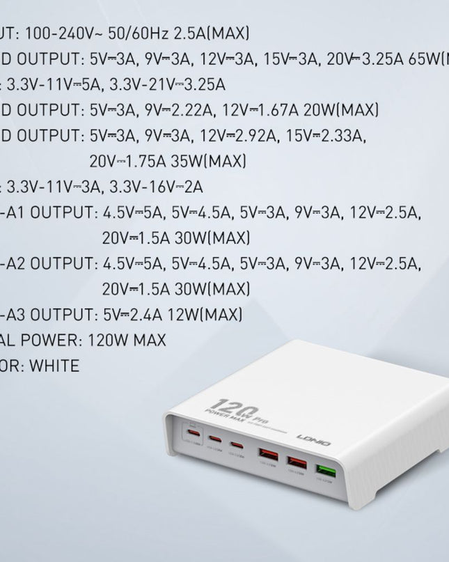 Kucni punjac LDNIO Q605, QC4+, PD3.0, SCP, PPS, VOOC, 120W total power beli