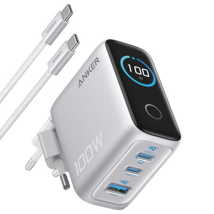 ANKER 100W GaN zidni brzi punjač, 3-porta (2x USB-C i 1x USB-A) sa USB-C M/M pletenim kablom, srebrna