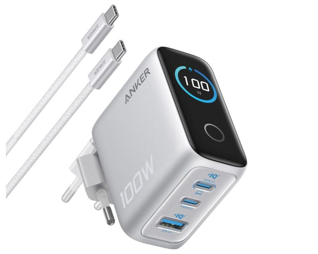 ANKER 100W GaN zidni brzi punjač, 3-porta (2x USB-C i 1x USB-A) sa USB-C M/M pletenim kablom, srebrna