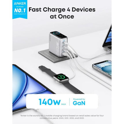 ANKER 140W GaN zidni brzi punjač, 4-porta (3x USB-C i 1x USB-A) sa USB-C M/M pletenim kablom, srebrna