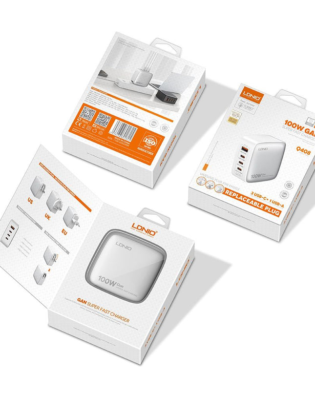 Kucni punjac sa adapterima LDNIO Q408 GaN PPS QC3.0 (30W), 3xPD3.0 (100W), 100W Max, sa Type C na Type C kablom beli