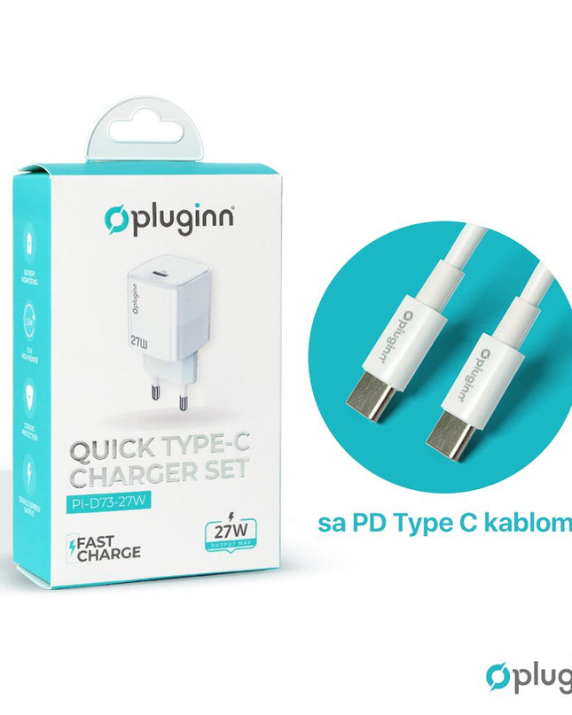 Kucni punjac Pluginn PI-D73-27w, PD 3.0, PPS, 27W sa PD Type C kablom beli CE