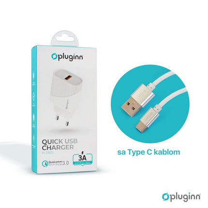 Kucni punjac Pluginn PI-D52S, QC3.0 18W sa Type C kablom beli CE