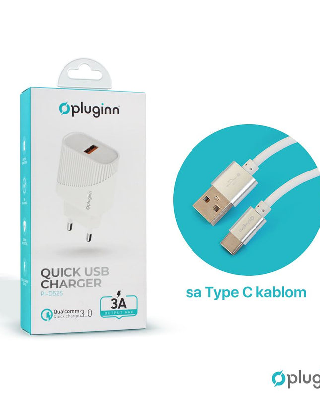Kucni punjac Pluginn PI-D52S, QC3.0 18W sa Type C kablom beli CE