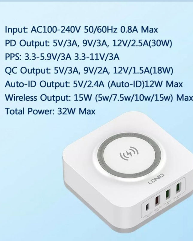 Kucni punjac LDNIO AW004 32W Desktop Wireless Quick Charge 3.0 + PD 30W beli