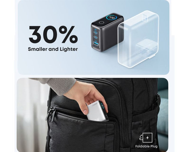 ANKER 100W GaN zidni brzi punjač, 3-porta (2x USB-C i 1x USB-A) sa USB-C M/M pletenim kablom, siva