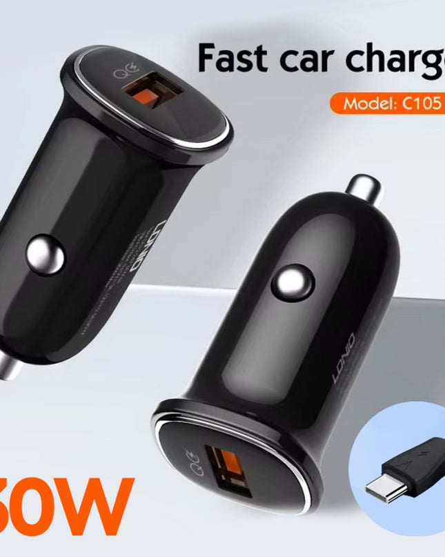 Auto punjac LDNIO C105, QC3.0, 30W USB Type C crni