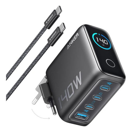 ANKER 140W GaN zidni brzi punjač, 4-porta (3x USB-C, 1x USB-A) sa USB-C M/M pletenim kablom, siva