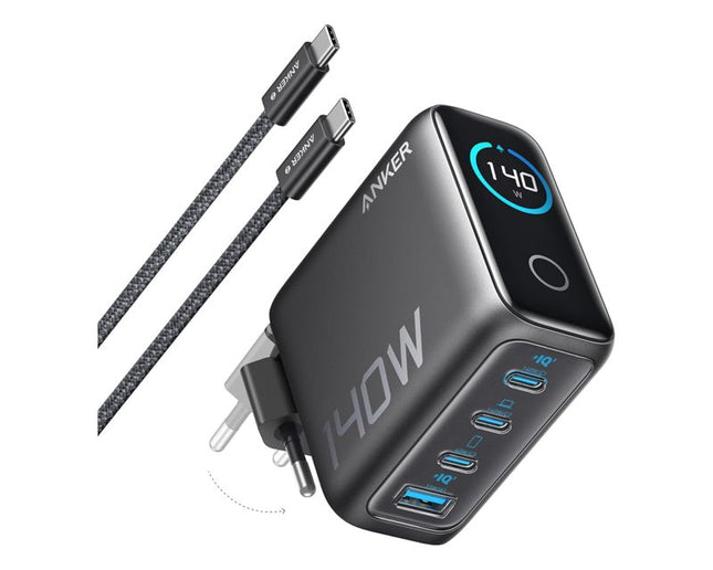ANKER 140W GaN zidni brzi punjač, 4-porta (3x USB-C, 1x USB-A) sa USB-C M/M pletenim kablom, siva