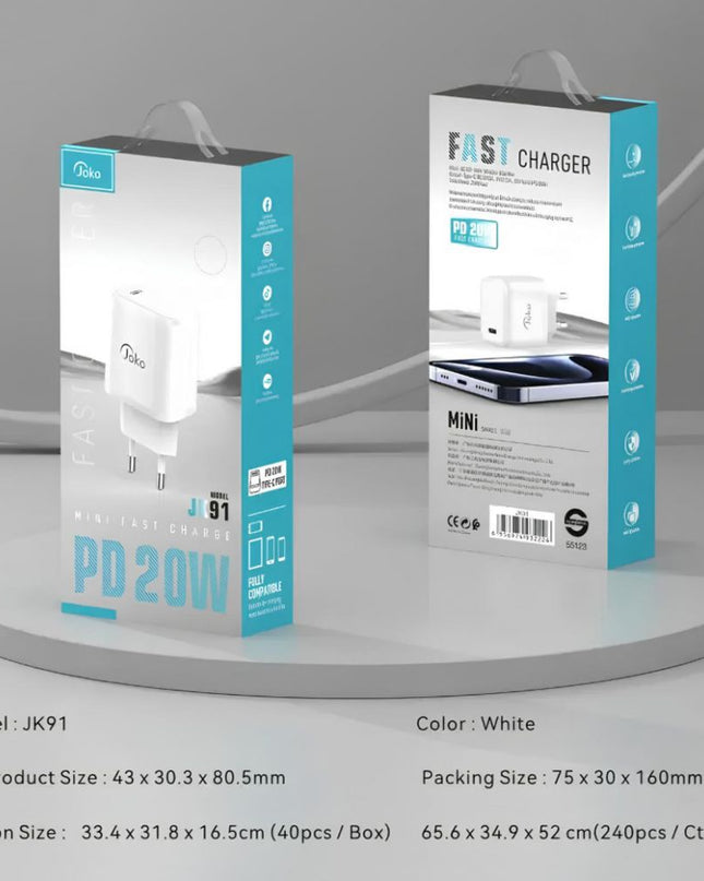 Kucni punjac KONFULON JK91+DC66 PD20W sa PD kablom Type C na iPhone lightning beli