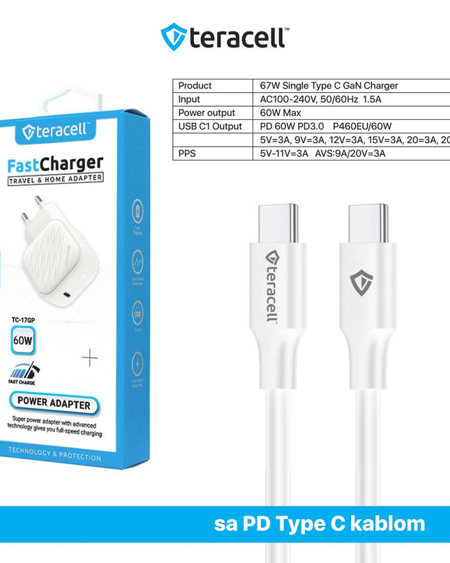 Kucni punjac Teracell Evolution TC-17GP, GaN, PPS, PD 3.0, 60W sa PD Type c kablom beli CE