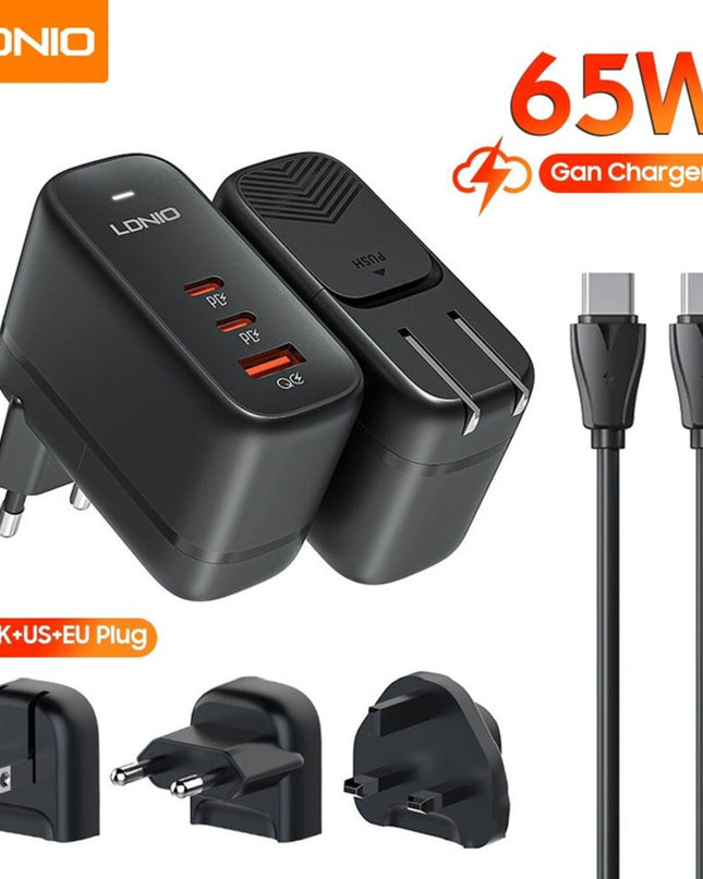 Kucni punjac sa adapterima LDNIO Q366 GaN QC3.0, 2xPD3.0 PPS 65W sa Type C na Type C kablom crni
