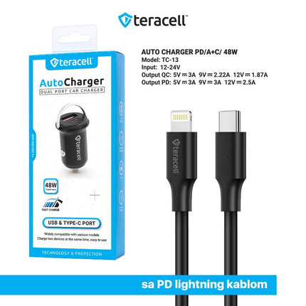 Auto punjac Teracell Evolution TC-13 PD 30W + USB QC3.0 18W, 48W (total) sa PD Lightning kablom crni