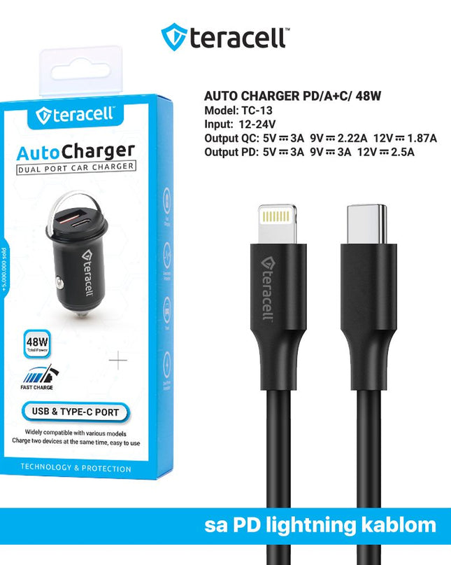 Auto punjac Teracell Evolution TC-13 PD 30W + USB QC3.0 18W, 48W (total) sa PD Lightning kablom crni
