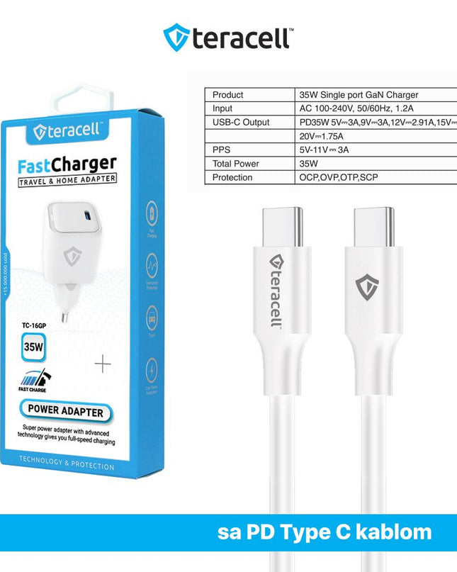 Kucni punjac Teracell Evolution TC-16GP, GaN, PD 3.0, 35W sa PD Type c kablom beli CE